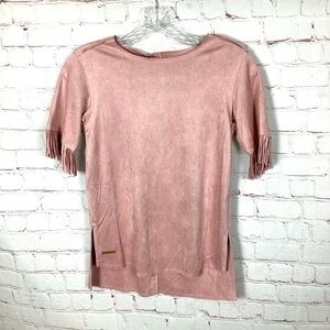 NWT Mira Rae Girls Suede Fringe Top Rose Pink Size 12/13 Short Sleeve Soft